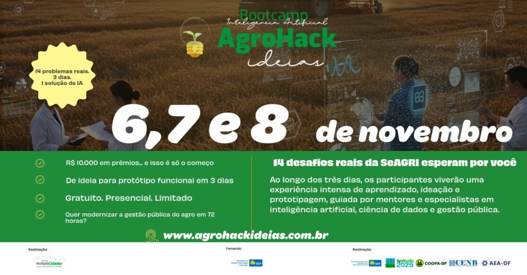Ao longo dos três dias, os participantes viverão uma experiência intensa de aprendizado, ideação e prototipagem, guiada por mentores e especialistas em inteligência artificial, ciência de dados e gestão pública.